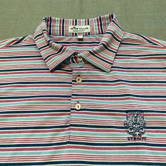 Peter Millar Summer Comfort Polo Shirt Large Pink Blue Stripe Wristling Straits - Picture 11 of 15
